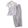 Pijama com Bojo Feminino de Verão Fino Manga Curta Calça Conjunto de Duas Peças Casual Listrado Roupa de Casa para Mulheres