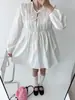 Chic Coreano Estilo Coreano Nuevo Principios de Primavera Moda Francesa Con Cordones Cuello en V Plisado Suave Babydoll Vestido Corto