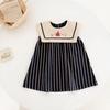Ropa para Niños Estilo Coreano Nueva Llegada Vestido Chaleco sin Mangas Rayado con Cuello Azul Marino Bordado Verano Retro Elegancia Vestido para Niños