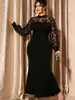 Vestido negro de malla bordada estilo sirena para mujer talla grande transfronterizo con cuello alto, mangas largas, corte ajustado y estilo bodycon, adecuado para eventos nocturnos y ocasiones formales.
