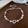 Pulseira Quadrada Manta com Pérolas Swarovski Cor de Rosa e Pérolas Roxas, Estilosa e Elegante, Joia Ajustável Puxa-e-Ajusta