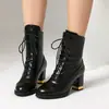 Novas Botas Femininas Europeias e Americanas Outono e Inverno Botas Curtas com Cadarço Botas de Cavaleiro Salto Alto Grosso Botas Profissionais Femininas 32-43 Exportação
