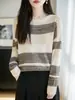 Suéter de Punto a Rayas con Bloques de Color Estilo Coreano para Mujer, Cuello Redondo Holgado Adelgazante de Moda, Capa Base para Suéter de Otoño/Invierno