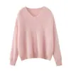 Suéter de cachemira pura 2026 otoño e invierno nuevo para mujer, cuello en V pequeño, camiseta base fina, estilo suave, suéter cálido cepillado