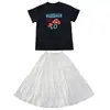 Conjunto de Camiseta Curta e Saia Doce e Fofo para Crianças Maiores, Novo Estilo de Verão com Laço, Conjunto de Duas Peças da Moda