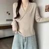 Suéter de punto ajustado de manga larga con cuello en V cruzado y fruncido en la cintura, estilo francés, nuevo para otoño, para mujer talla grande