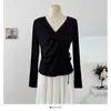 Camiseta Base de Cuello en V Irregular Estilo Francés, Manga Larga, Nuevo Diseño Otoño e Invierno, Top Interior Ajustado