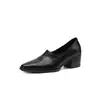 Sapatos de Couro Pequenos Simples Retrô Francês para o Trabalho 2026 Outono Salto Médio Robusto Bico Quadrado Pequeno Couro Genuíno Corte Profundo Sapatos Individuais para Mulheres
