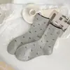 Meias Femininas Estilo Coreano Estilo Ins Meia Malha Cinza e Branca Coração Laço Meia de Cano Médio para Mulheres Algodão Penteado Meias Femininas Sem Costura