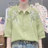 Algodão Linho Dopamina Manga Média Top Camisa Primavera Verão Novo Versátil Gola Bordado Exquisito Solto Versátil Cardigã