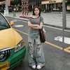 Jeans largo estilo americano, retrô, rasgado, soltinho, de perna larga para mulheres, adequado para verão e outono, caimento solto, valoriza o corpo, versátil e comprimento até o chão