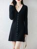 Vestido de una pieza para mujer, de longitud media, con escote en V, diseño de múltiples botones, vestido tipo suéter bata para usar como prenda exterior en otoño e invierno