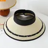 Sombrero de Paja Estilo Nuevo con Parte Superior Abierta, Colores Mixtos y Pedrería, Sombrero Plegable de Ala Ancha para Protección Solar, Sombrero de Parte Superior Abierta