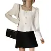 Top de mujer con volantes estilo coreano para mujer, manga larga, botonadura sencilla, cuello cuadrado, color sólido, abrigo corto