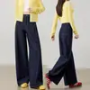 Pantalones Anchos de Lino Estilo Nuevo Similar al Mezclilla para Mujer, Pantalones Largos Casuales Sueltos de Cintura Alta para Otoño, Pantalones Rectos Azules con Caída