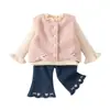 Suéter simple de invierno, chaleco acolchado y pantalones acampanados de mezclilla con forro polar para bebés y niños pequeños - un conjunto de tres piezas para niñas
