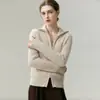 Casaco Cardigan de Lã Cashmere 100% Puro Emagrecedor Espessado com Zíper Gola Lapela Versátil Manga Longa Suéter Quente Malharia