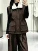 2733 Chaleco Chaqueta de Otoño e Invierno para Mujer con Cuello Grande de Piel, Cintura con Cordón, Estilo Ropa de Trabajo, Forro de Felpa, Chaqueta Cálida sin Mangas