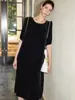 Vestido de Terciopelo de Seda para Mujer 2026 Otoño e Invierno Manga Corta Negra Manga Abullonada Falda de Seda Morada Hasta la Rodilla