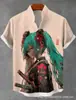 Camisa Creativa para Hombre con Cuello Mao, con Elementos de Estampado de Grulla Animal, Corte Holgado para Verano, de Lino con Mangas Cortas