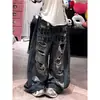Calça jeans feminina com estampa lavada estilo retrô americano rasgada, design de verão, estilo high street, corte solto, modelagem que emagrece, perna larga, comprimento até o chão