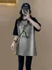 Camiseta de Manga Corta Gruesa con Bloques de Color y Forro Polar Cepillado para Mujer, Moda Casual Suelta de Longitud Media para Primavera y Verano Combinada con un Top con Estampado de Tiburón