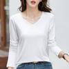 418 otoño e invierno Nuevo elástico adelgazante manga larga versátil camisa de fondo color sólido cuello en V estilo coreano casual top para mujer camiseta simple