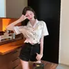 Foto Real de Camisa de Mezclilla de Diseño Corto para Mujer, Nuevo Estilo de Verano, Top Casual de Manga Corta Estilo Coreano, Blanco, Talla Única, Otro