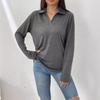 Comercio exterior transfronterizo Estación independiente de Amazon para mujer Primavera y otoño Nuevo manga larga simple color sólido solapa suelta bolsillo camiseta