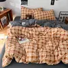 Juego de Funda de Edredón de Algodón Lavado Teñido en Hilo Clase A de Cuatro Piezas Sencillo Cuadros Ropa de Cama Dormitorio Cama Individual Juego de Tres Piezas 3