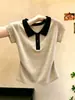 Camiseta de punto de manga corta con cuello de solapa y bloques de color, estilo ligeramente maduro para mujer, nuevo modelo de verano, casual y elegante, rejuvenecedora, top versátil