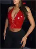 Top Feminino de Couro com Duas Camadas, Decote em V Profundo, Sem Mangas, Costas Abertas, Estilo Y2K, Renda na Frente Exposta, Sexy