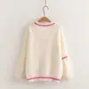 26039 Conjunto de Tricô Estilo College Doce Redutor de Idade com Laço Cardigan de Gola V + Camisa com Gravata Conjunto de Duas Peças para Mulheres