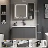Gabinetes de baño de aluminio tipo panal SPC color blanco crema con esquinas redondeadas combinación de gabinete para lavabo de cerámica lavabo