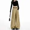 Calça casual de perna larga para mulheres com design de cós xadrez estilo americano, nova para primavera e outono, modelo soltinho versátil com bom caimento, calça reta.