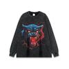 Camiseta de manga comprida estampada com cabeça de leopardo escuro de rua americana para homens e mulheres pesadamente lavada retro de manga curta com fundo