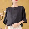 Camiseta de satén fina de manga corta con jacquard y cuello redondo, superventas de verano, jacquard de color liso, top simple juvenil estilo coreano para mujer