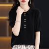 Primavera y Verano 2025 Nueva Camisa de Punto con Cuello POLO de Algodón Manga Corta Botón Color Sólido Suelta Jersey Camiseta Básica Top