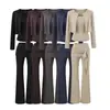 Roupa de garota popular: jaqueta cardigã cinza, top regata, calça casual feminina de outono com barra ajustável por cordão, calça de corte reto, conjunto de três peças