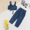 Ropa de Verano para Niños Transfronteriza Nuevo Estilo Ropa de Verano para Niñas Moda Traje de Mezclilla para Niños Pantalones con Tirantes Conjunto de Dos Piezas para Niños