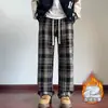 Pantalones de Lana a Cuadros de Pierna Recta con Forro Polar de Cintura Alta Caída Suelta de Largo Hasta el Suelo Tendencia Retro Pantalones de Pierna Ancha