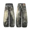Subcultura High Street Americana Marca Tendência Design Personalizado Impressão 3D Calça Jeans Lavada de Corte Solto Wide-Leg para Homens e Mulheres