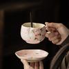 Juego de Taza y Platillo de Café con Flor de Durazno Pintada a Mano Taza de Cerámica para el Hogar Taza Especial para Té de la Tarde para Chicas de Oficina
