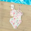 Maiô Infantil Peça Única Estilo Floral Fresco, Roupa de Banho Feminina com Alça de Um Ombro, Essencial para Férias em Fontes Termais