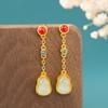 Pendientes Colgantes Originales Retro Nuevo Chino Imitación Jade Hetian Borla Largos con Cierre de Plata 925 Pendientes de Nicho de Gama Alta