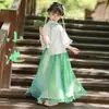 Hanfu para Niñas Estilo Nuevo 2025 Verano Delgado Estilo Antiguo Súper Hada Infantil Cara de Caballo Estilo Ming Azul Dos Piezas para Primavera y Otoño