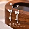 Pendientes de Botón de Rosca en Forma de U con Borla de Lazo de Plata de Ley S999 Elegantes Exquisitos Cuidado del Agujero de la Oreja Pendiente