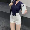 Camiseta de Tricô Manga Curta Slim Fit Estilo Coreano Feminina Verão Cintura Apertada Emagrecedora Elegante Leve Maduro Cor Sólida Top de Tricô