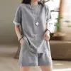 Traje de Verano Cruzado Europeo y Americano Estilo Nuevo Empalme Color Puro Casual Holgado Estilo Deportivo Manga Corta Pantalones Cortos Pg9972