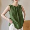 Verano Nuevo Retro Holgado Adelgazante Versátil Algodón y Lino Sin Mangas Camisa Chaleco Color Sólido Versátil Camisa Base Verde